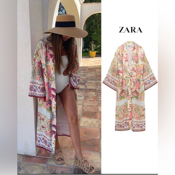 Zara Printed kimono satin dress with belt - Picture 7 of 15